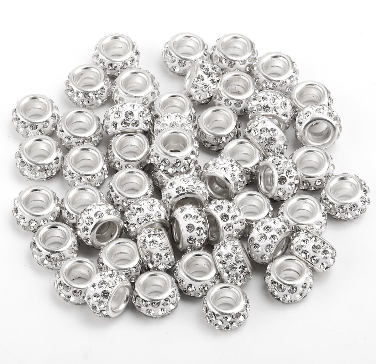 50 Stuks Strass-Afstandskralen, Grote Gaten-Afstandskralen Glanzende Diamanten Haarkralen Europese Kralen voor Armbanden Enkelbandjes Kettingen Sieraden Maken