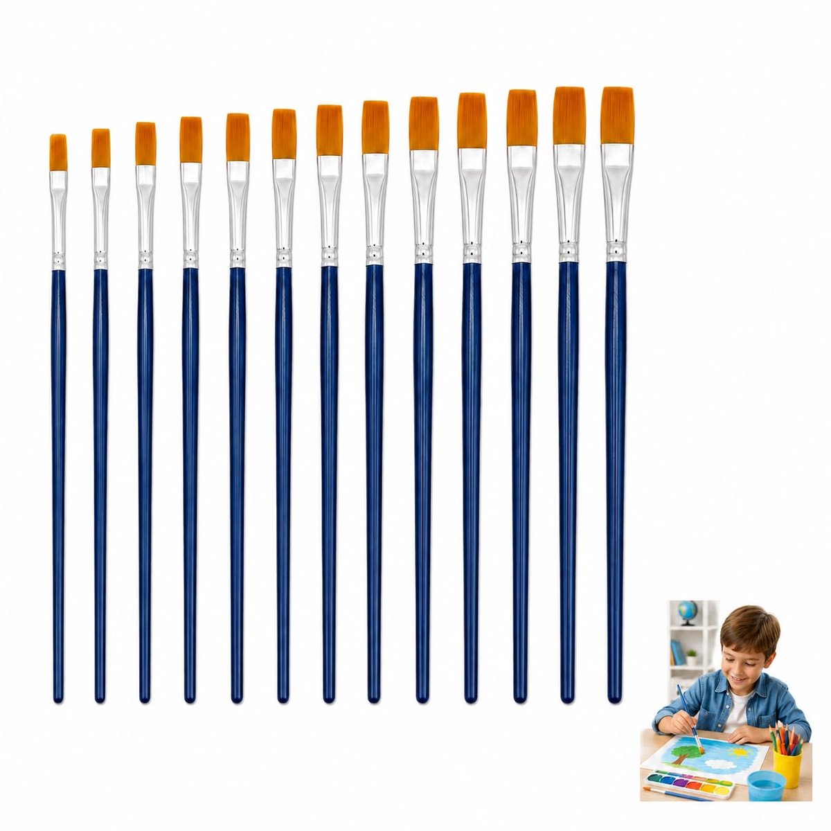 Brush Set, 12 platte penselen voor schilderen, rechte randen, platte nylon kwast met donkerblauwe handgreep, voor acryl, waterkleur, olie en gouache painting