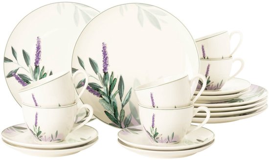Service de table blanc 18 pièces avec imprimés lavande et feuilles vert-violet, comprenant de grandes assiettes et des tasses avec soucoupes.