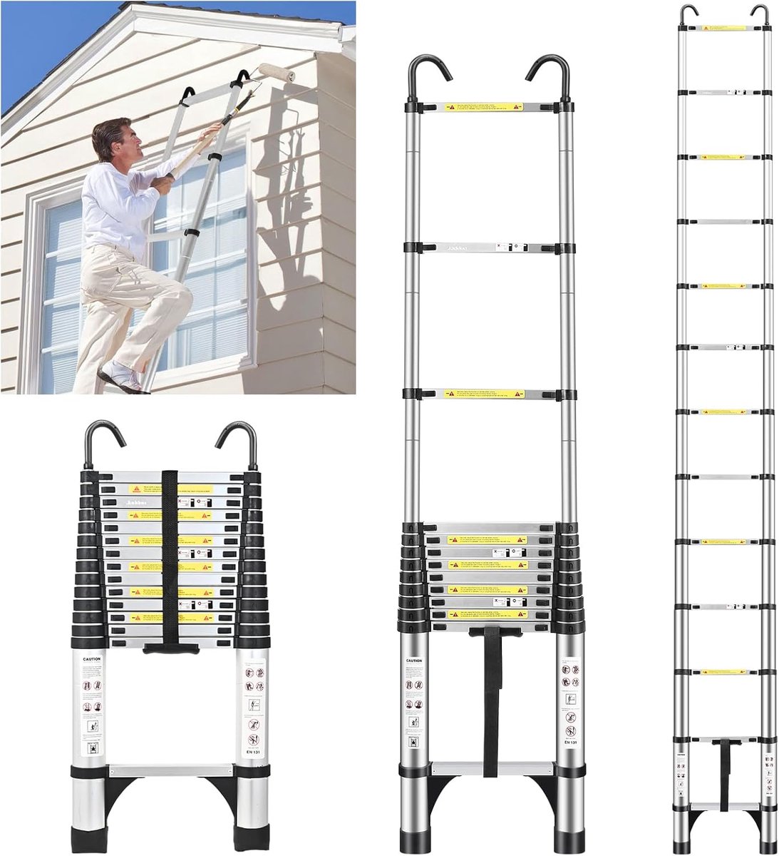 Telescopische ladder 4,4 m - aluminium - veiligheidshaak - ideaal voor professioneel gebruik - SnelShoppen