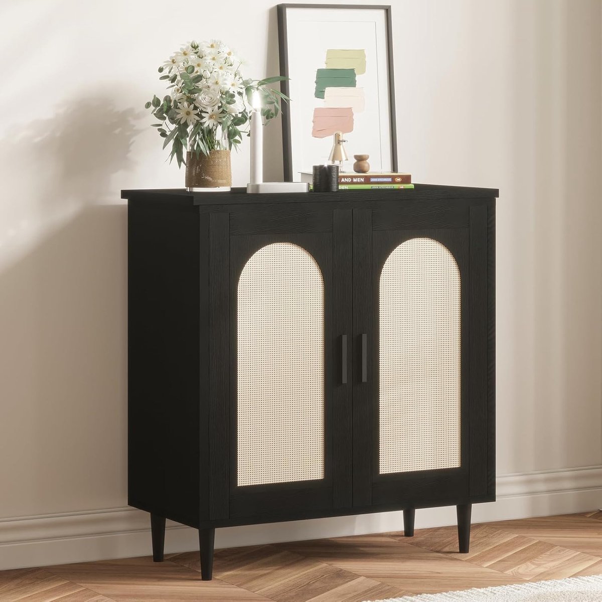 Triumpunpre - Dressoir Buffetkast Opbergmeubel van rieten verstelbare planken - laden met massief houten poten - voor woonkamer, gang en keuken - Zwart