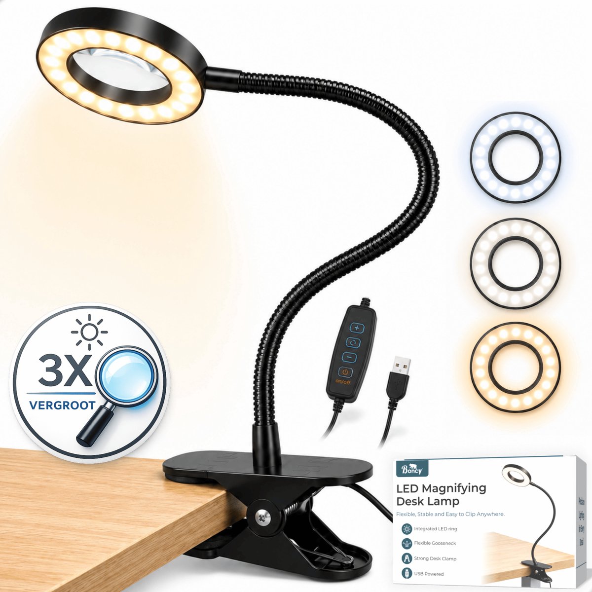 Boncy® Premium Loeplamp met LED Verlichting - Staande Loep Vergrootglas - Flexibele Looplamp met Tafelklem - Hobbylamp Borduurlamp - Dimbare Tafelloep met USB Snoer - Tafel Loeplampen - 3x Vergroting - 3 Kleurmodi
