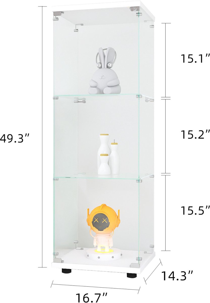 Moderne Glazen Vitrinekast met 3 Glazen Planken, 1 Deur met Veiligheidsslot, Gehard Glas, 125x42x36cm, Geschikt voor Woonkamer, Slaapkamer, Kantoor (Wit)