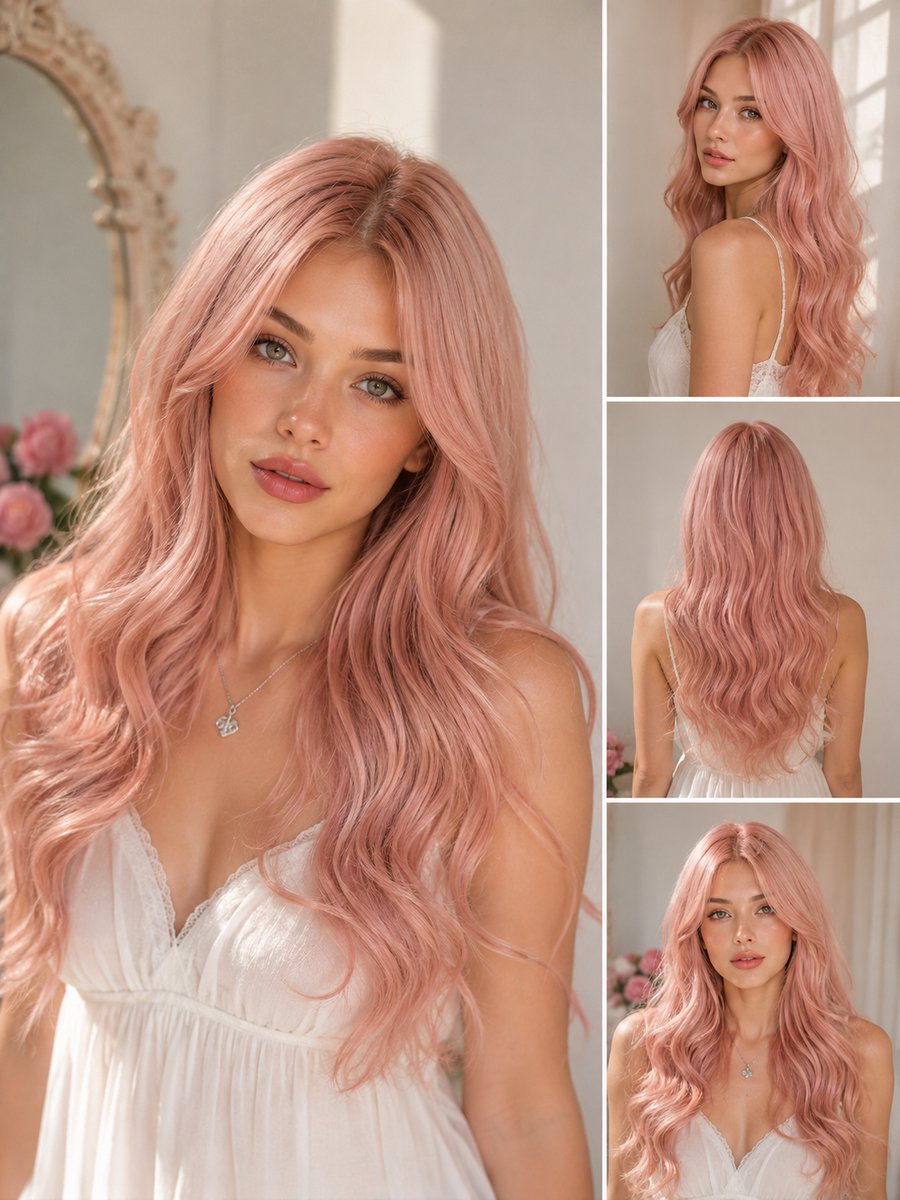 Pro Care Excellent Quality® Dames Pruik Rosé Roze – Wasbaar - Lang Golvend Haar – Hittebestendig tot 150°C – Lichtgewicht en Klitvrij - 63 cm