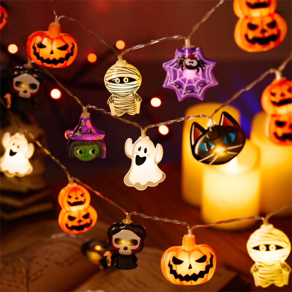 Namajunas - Halloween lichtslinger - 3,m - 20 ledlampjes - Met timer en 8 flitsstanden - Halloweenverlichting - Halloween Decoratie Licht - Verlichting - Versiering - Lampjes Slinger - Led Lights - Werkt op batterijen (niet inbegrepen)