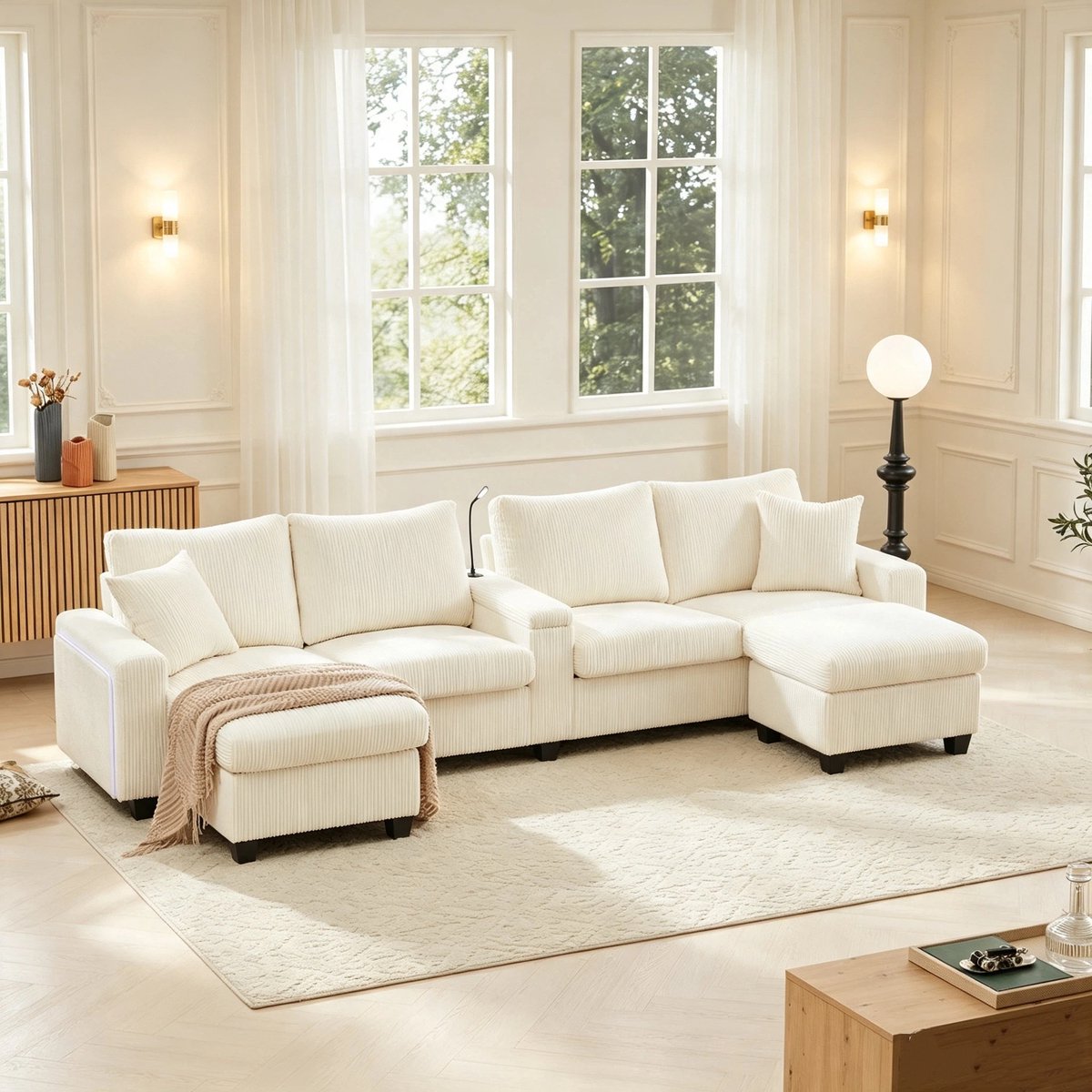 U-Bank, 4-Zits Bank, U-vormige Corduroy Bank met 2 Krukjes, Leeslamp, Opklapbaar Plankje, Bekerhouder en USB/Type-C-aansluiting, Armleuningen aan Beide Zijden met Decoratieve Ledverlichting, Afmetingen: 334 x 128,5 x 81 cm,Beige