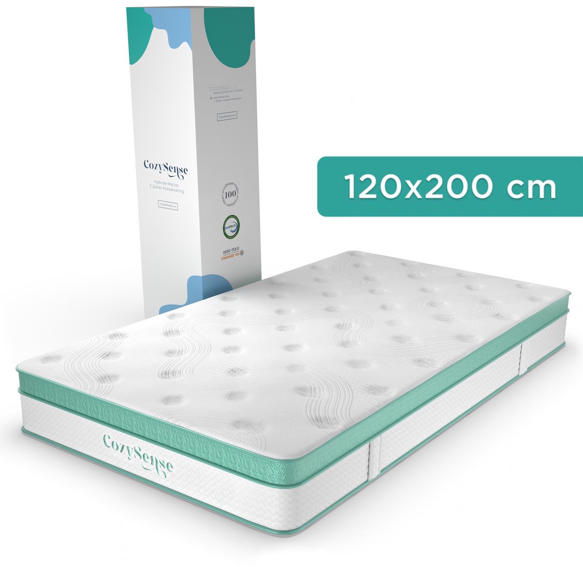 CozySense® Hybride Matras 120x200 cm – Eenpersoons Pocketvering – Traagschuim & Koudschuim – 7-Zones – 25 cm Dik – Medium