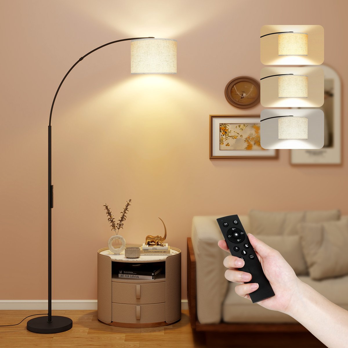 Puluomis - Vloerlamp - Booglamp - Staande Lamp incl. LED - lichtbron - Industrieel - Leeslamp Staand - 3 Lichtkleuren - Verstelbaar - Afstandsbediening