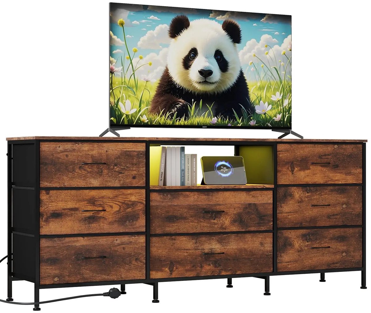 Bresht TV-meubel - Met 8 Stoffen Lades - LED-verlichting - Televisies tot 70 inch - Industrieel - Bruin - 160 × 35 × 68 cm