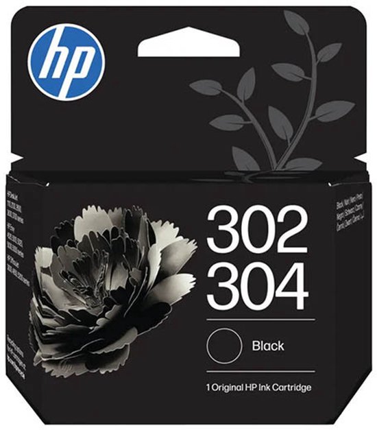 Emballage de cartouche d'encre noire HP 302/304 avec une image de fleur noire.