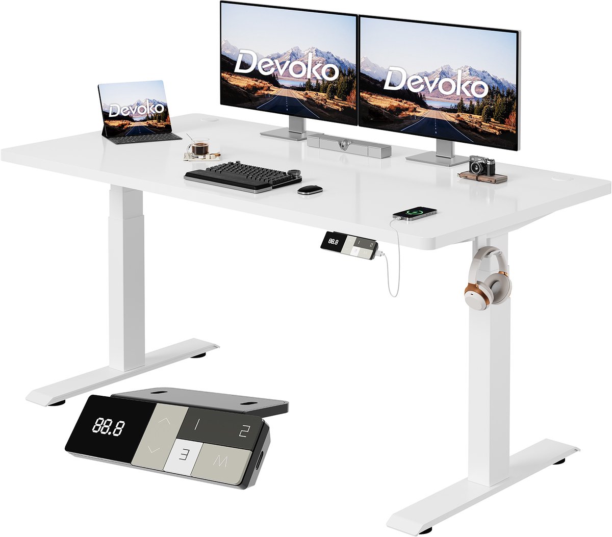 Devoko Elektrisch Zit-Sta Bureau 160x80 cm - Elektrisch Verstelbaar Bureau - In Hoogte Verstelbaar 63-128 cm - 25 mm FSC Tafelblad - Dubbele Motor - 125 kg - Wit