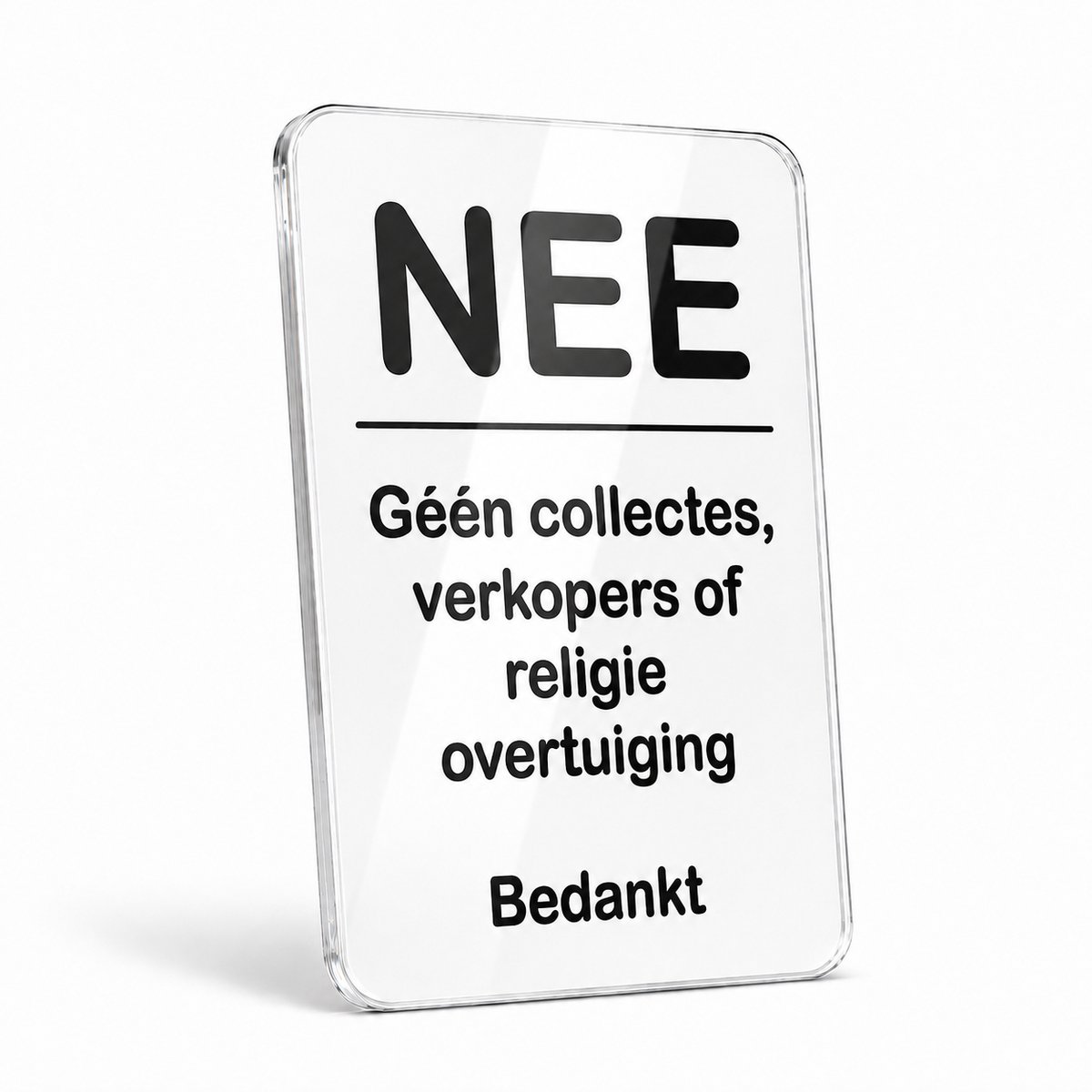 Jooba Acrylaat deurbordje – Nee geen verkopers aan de deur – Geen collectes – Wit met zwarte tekst – 5 x 8 cm – Zelfklevend