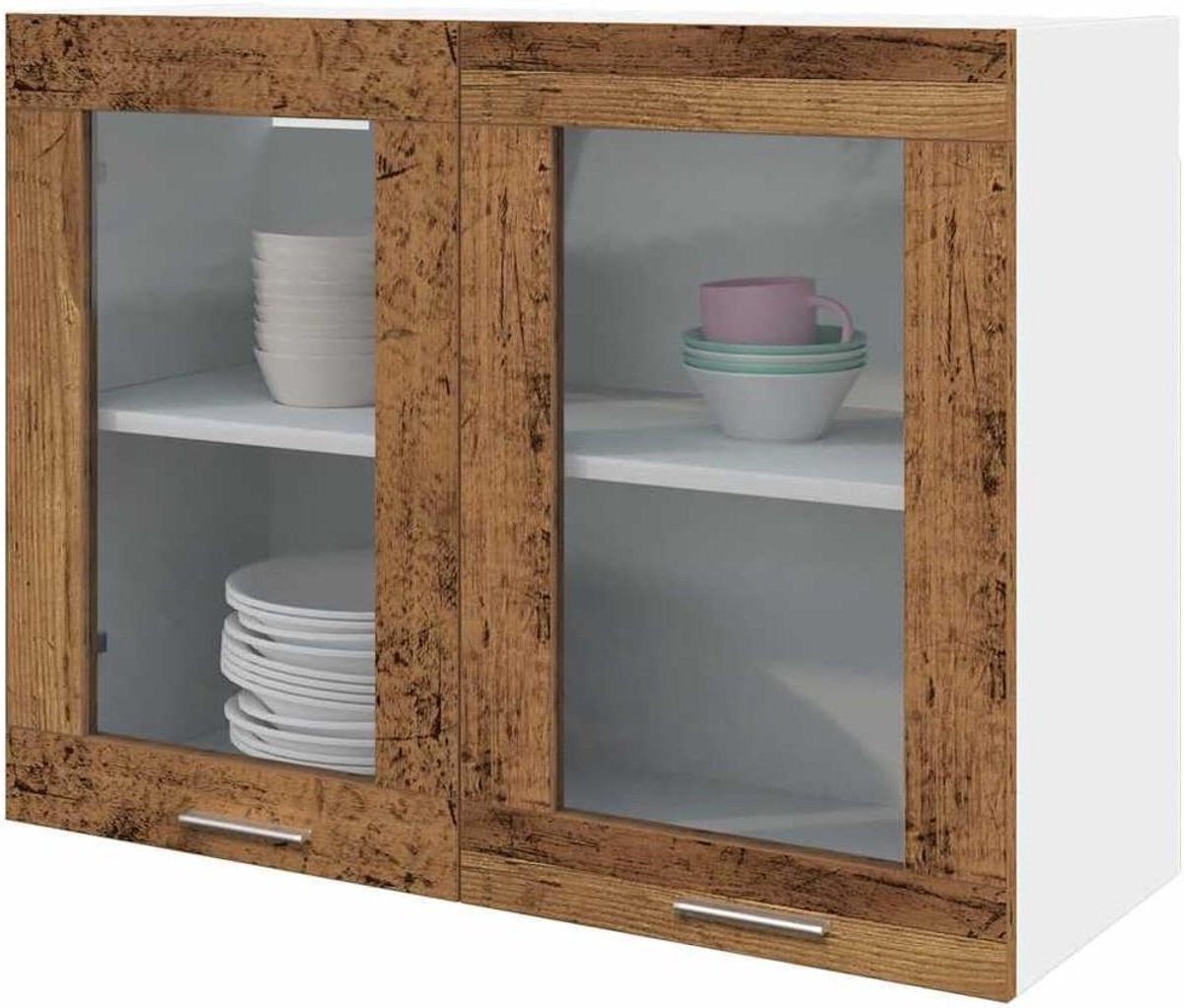 Hangkast met glas - Wandkast keuken - Keuken organiseren - Vochtbestendig materiaal - 80 x 60 cm - Antiek hout