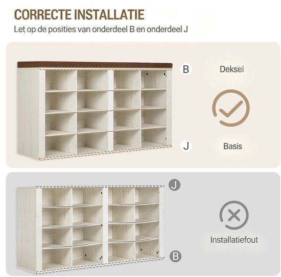 Demonstratie correcte installatie van de schoenenkast met opklapbaar deksel.