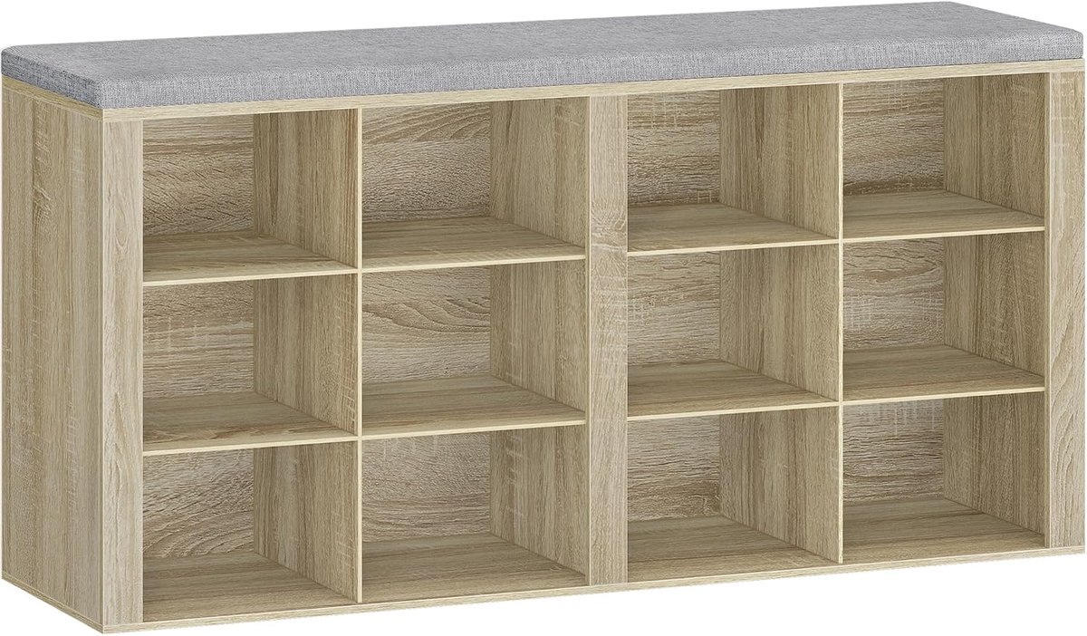 Hzuaneri Schoenenbank met zitting, 12 vakken, eiken, Schoenenkast met zitbank, verstelbare planken, voor woonkamer, slaapkamer, hal