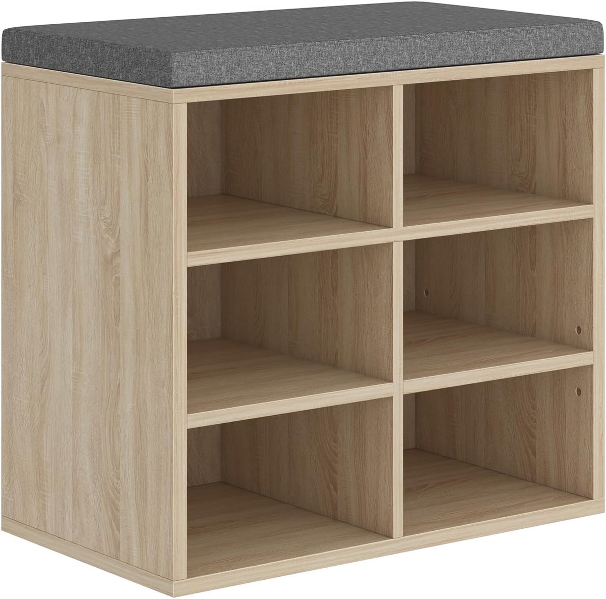 Hzuaneri Schoenenbank, Schoenenrek Met Zitvlak, Zitbank Met Opbergruimte, Kussen, 6 Vakken, 30 X 60 X 52,7 Cm, Verstelbare Planken, Voor Woonkamer, Hal, Slaapkamer, Wit Eiken