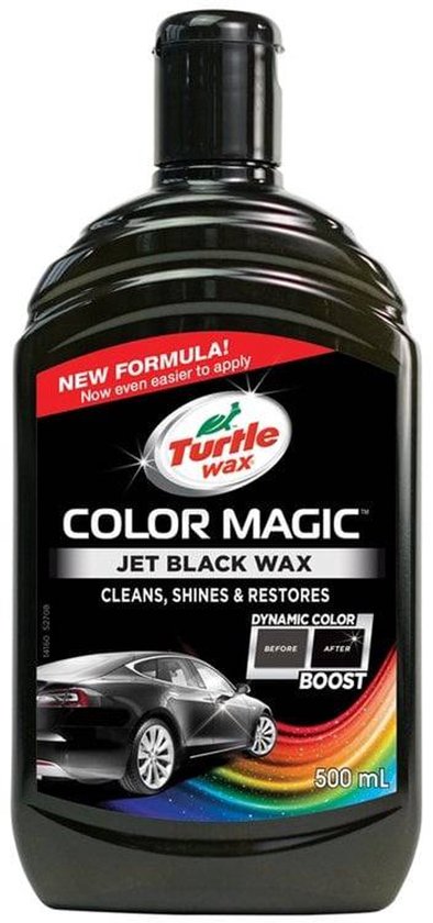Zwarte fles Turtle Wax Color Magic Jet Black Wax met rode en zwarte labels, 500 ml. Bevat afbeelding van zwarte auto.