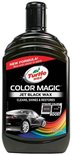 Zwarte fles Turtle Wax Color Magic Jet Black Wax met rode en zwarte labels, 500 ml. Bevat afbeelding van zwarte auto.