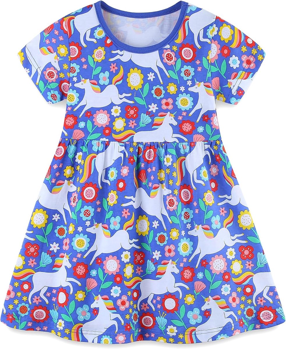 Jurken voor meisjes, eenhoorn, bloemenjurk, 100% katoen, casual shirtjurk voor kleine kinderen, leeftijd 1-7 jaar