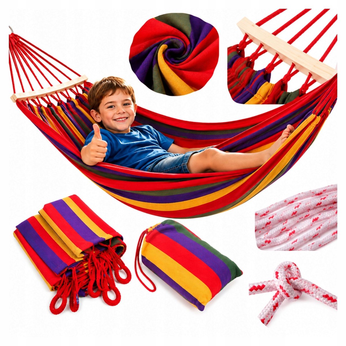 Kleurrijke Eenpersoons Hangmat voor Kinderen 190x80cm met Spreidstok