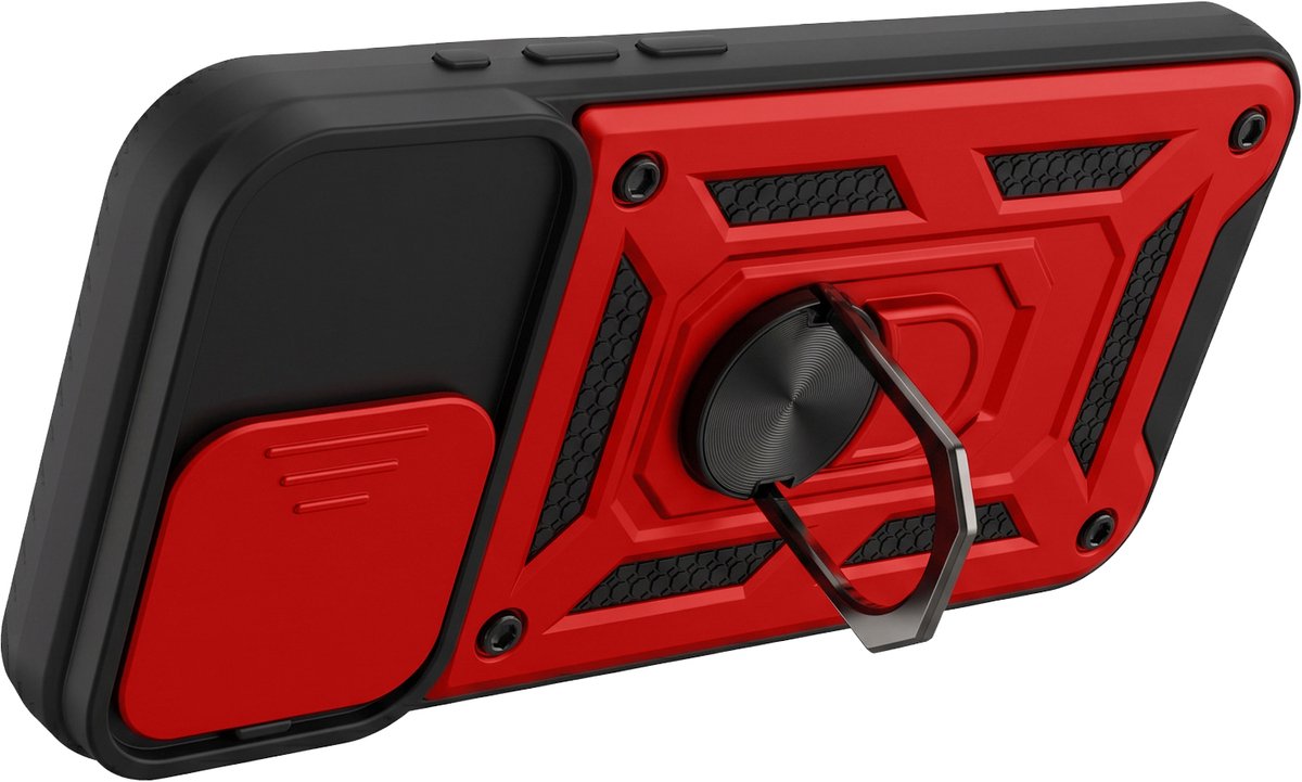 Mayaxess, Hoesje met Ring Geschikt voor Apple iPhone 15 Pro Max Schuifbare Cameraschuif en Magneet, Rood / Zwart