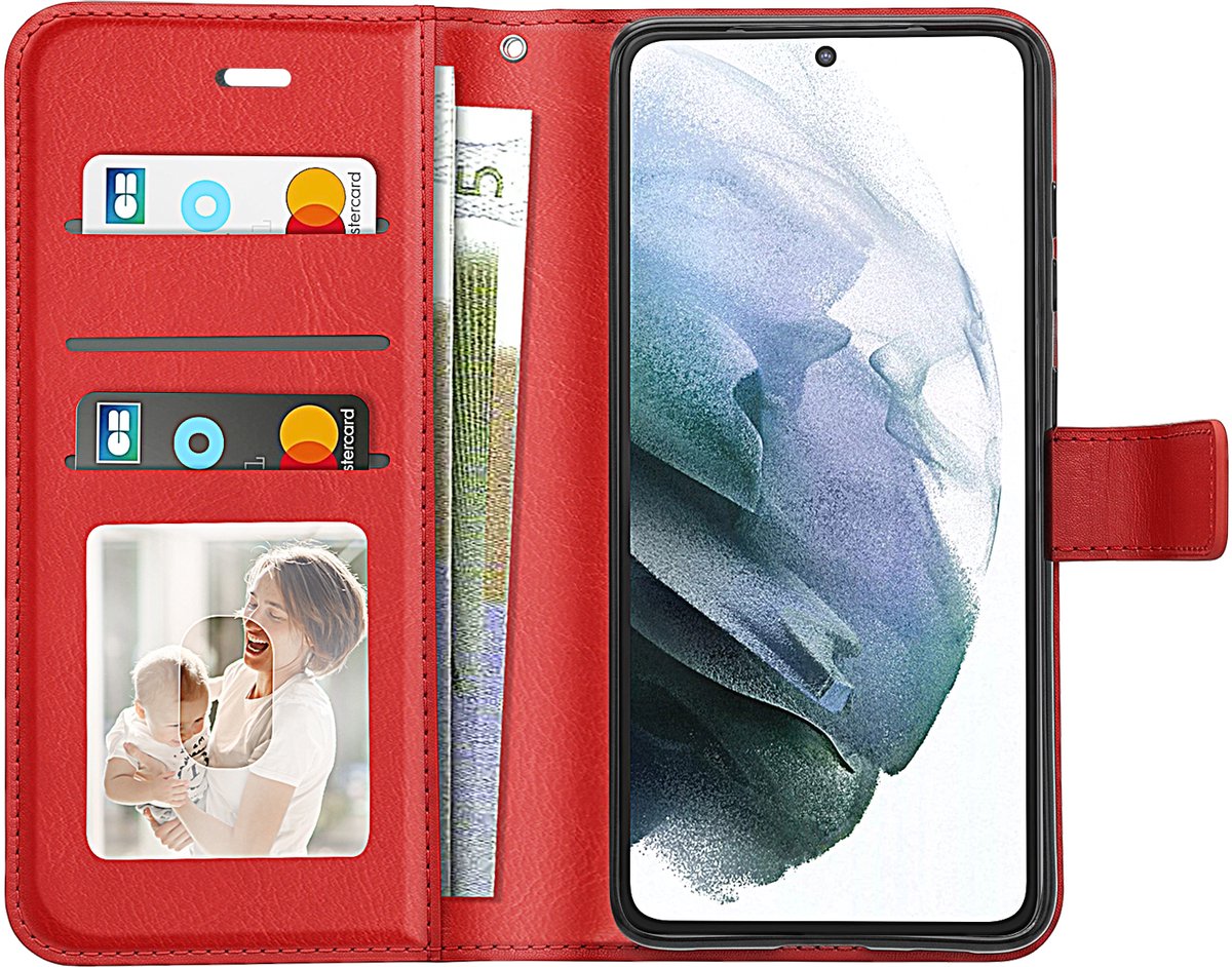 Mayaxess, Portemonnee Hoesje geschikt voor Samsung Galaxy S21 met Draagkoord, Rood