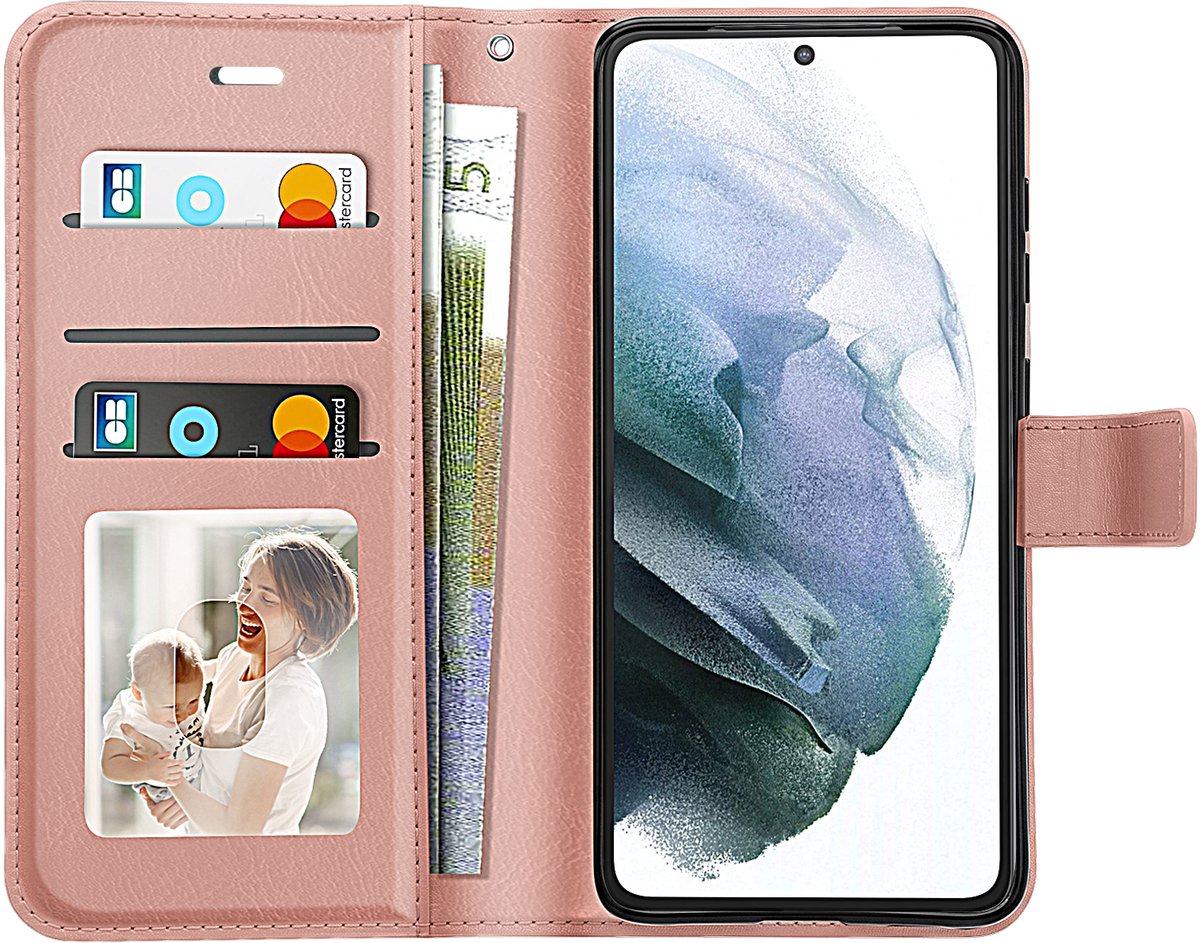 Mayaxess, Portemonnee Hoesje geschikt voor Samsung Galaxy S21 met Draagkoord, Roségoud