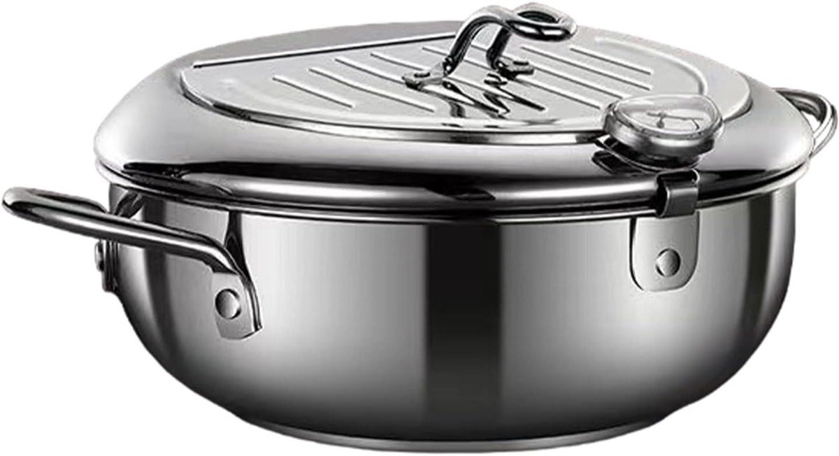 Frituurpan met thermometer - Oliepot soeppan - Lekkere snacks maken - Dubbele bodem roestvrij staal - 28CM - Zilver