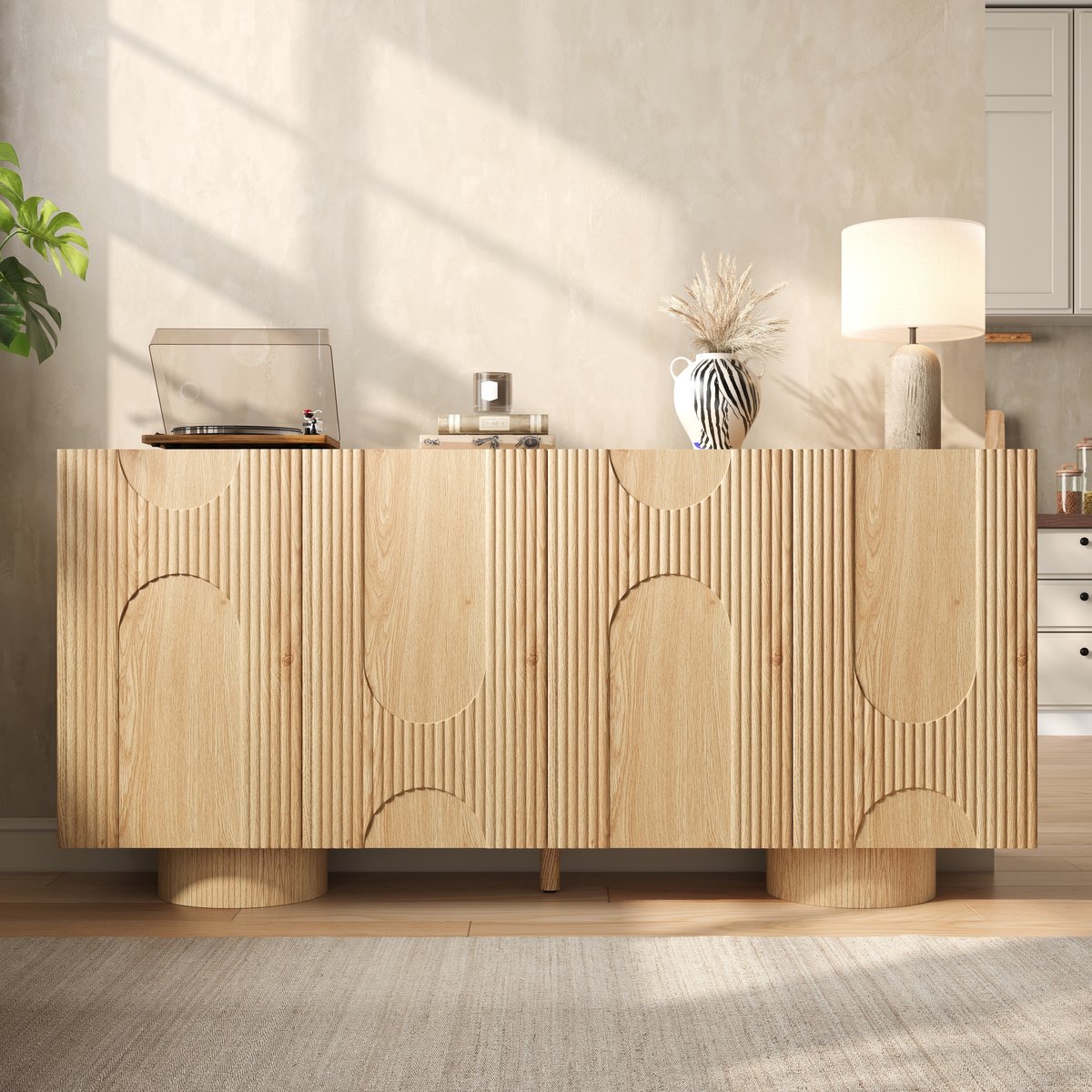 VVBV Schoenenkast - 160 x 38,5 x 76 cm, Naturel, 4 Deuren, Verstelbare Planken, Geribbelde Fronten, voor Hal en Entree