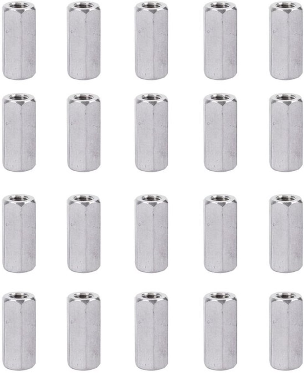 20 stuks lange stangmoeren, M6 zeskantige hulsmoeren, zeskantige koppelingsmoer, koolstofstaal, gegalvaniseerde lange moer voor huishoudelijke kantoorapparaten en andere machines (M6 x 10 x