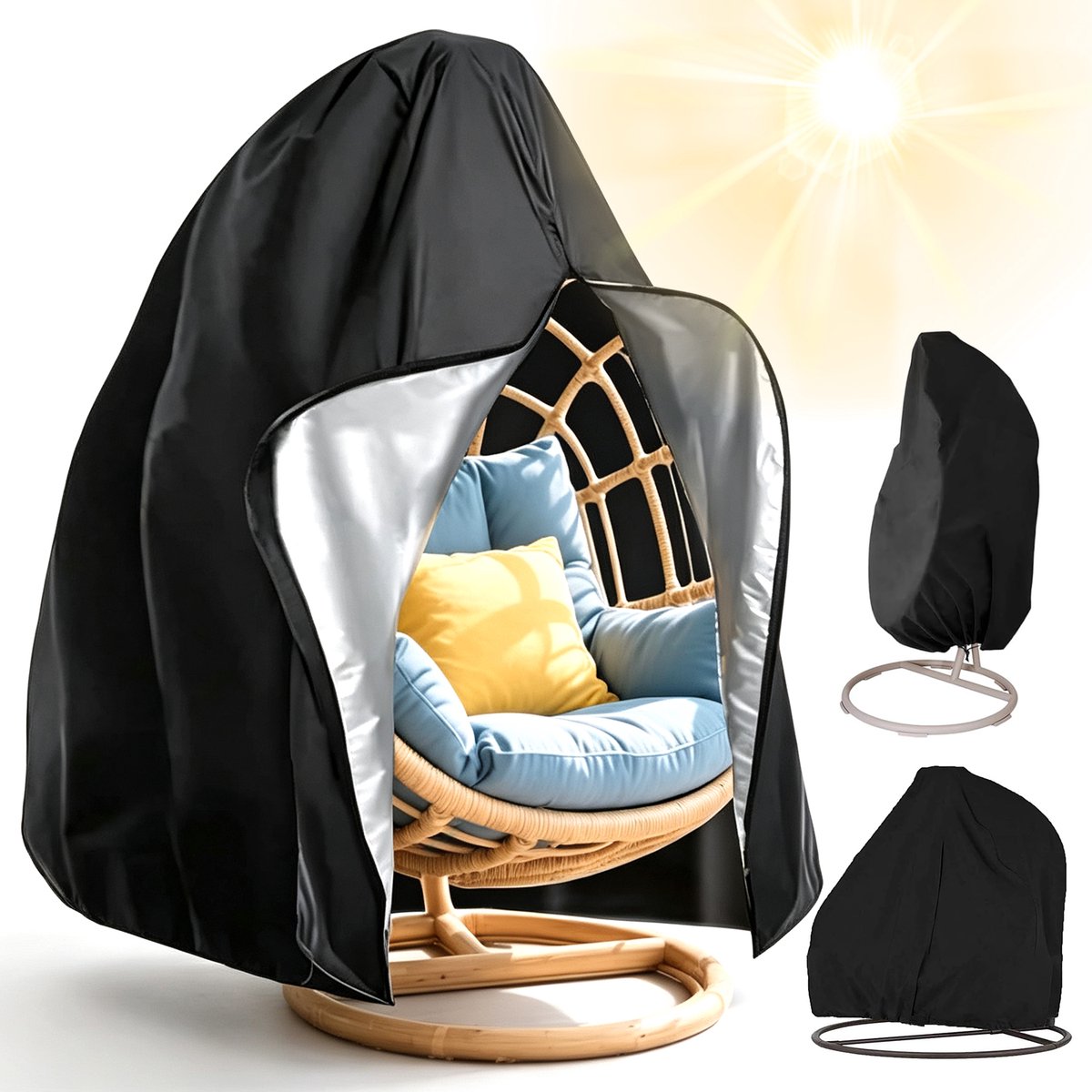 Beschermhoes Hangstoel Egg - Universele Hangstoel Hoes - Tuinstoelhoes - 230x200cm - 210D Oxford - met Trekkoord en Ritssluiting - Waterdichte - UV-bestendig - Stoelhoes - Voor Tuin en Balkon - Zwart