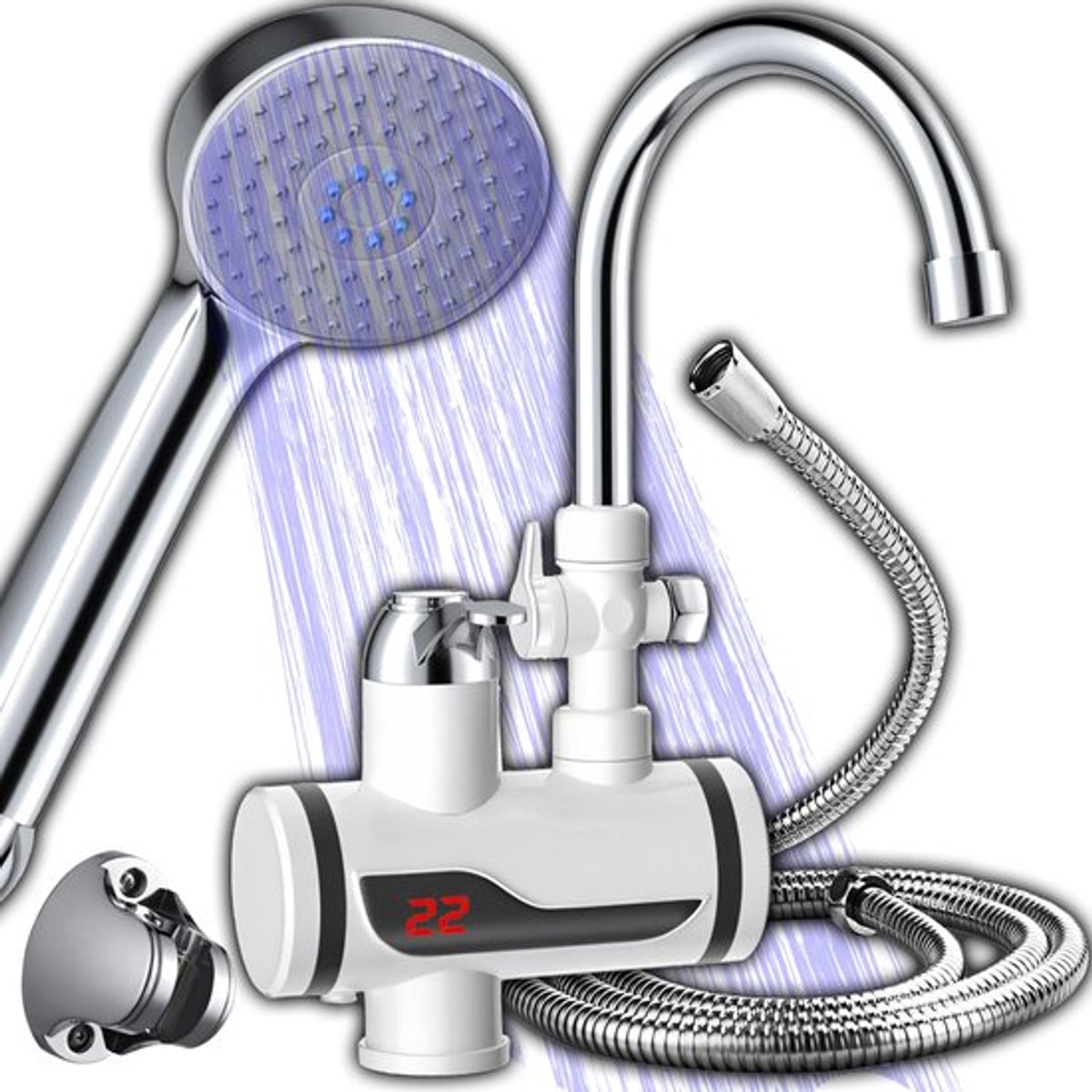 Elektrische Kraan met Doorstroming Verwarming en Handdouche - Instant Warm Water met LCD Temperatuurweergave