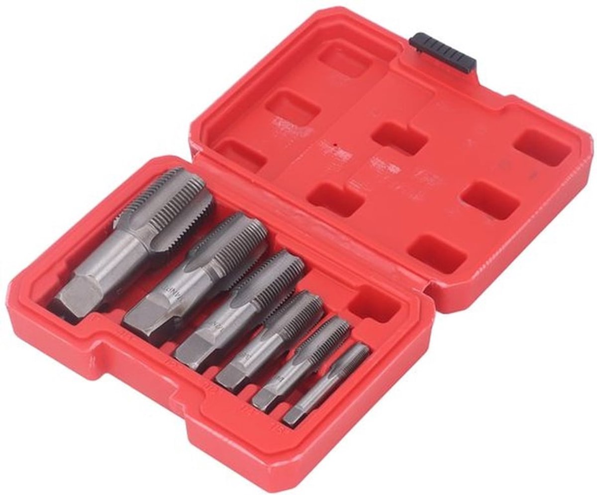 Pijptapset 6-delig - Koolstofstaaldraadgereedschap - Opbergdoos - Maten 1/8in tot 3/4in - Voor PVC-buis - Duurzaam materiaal - Draadtapset