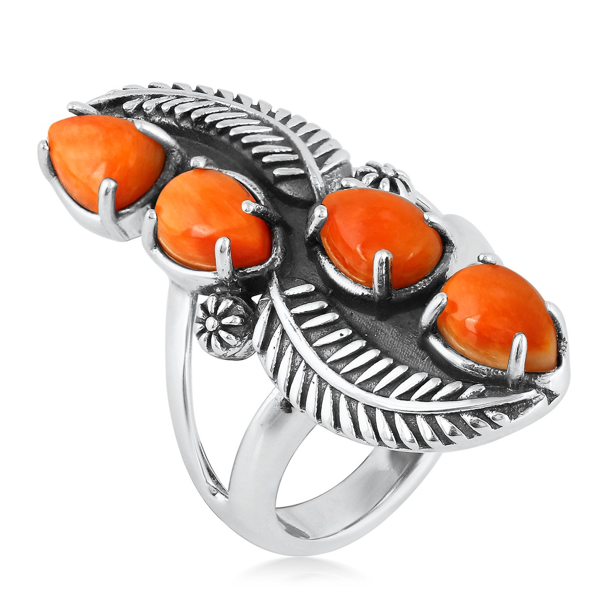 Cavill - Verstelbare Zilveren Ring - Geoxideerd 925 Sterlingzilver - Oranje Stekelige Oester Cabochon 2.61 ct - Desert Chic Sieraad