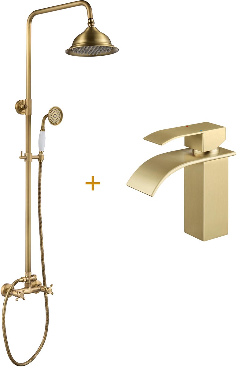 Auralum Max Antiek Messing Douche Set - Regendouche en Handdouche - Met Goud Wastafelkraan - Retro Koperen Regendoucheset - Hoogte Verstelbare 88 -126 cm - Waterbesparend