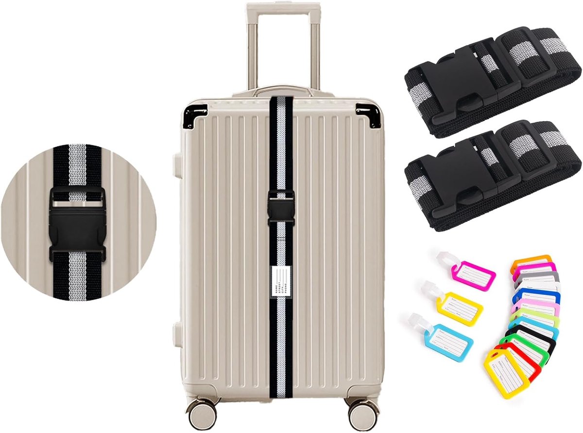 Bagageriemen met 10 stuks bagagelabels, verstelbare zware bagageriemen, kofferriemen, gepersonaliseerde bagageriem, premium accessoire voor reistas koffer