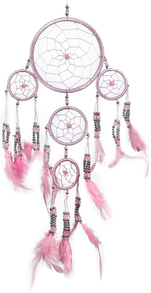 Handgemaakte Boho Dromenvanger: Ethische Hangende Dream Catcher van Pink Pineapple als Wanddecoratie met Veren en Zilver Kralen in een Traditioneel Haakontwerp - 12cm Breed, 35cm Lang (Roze)