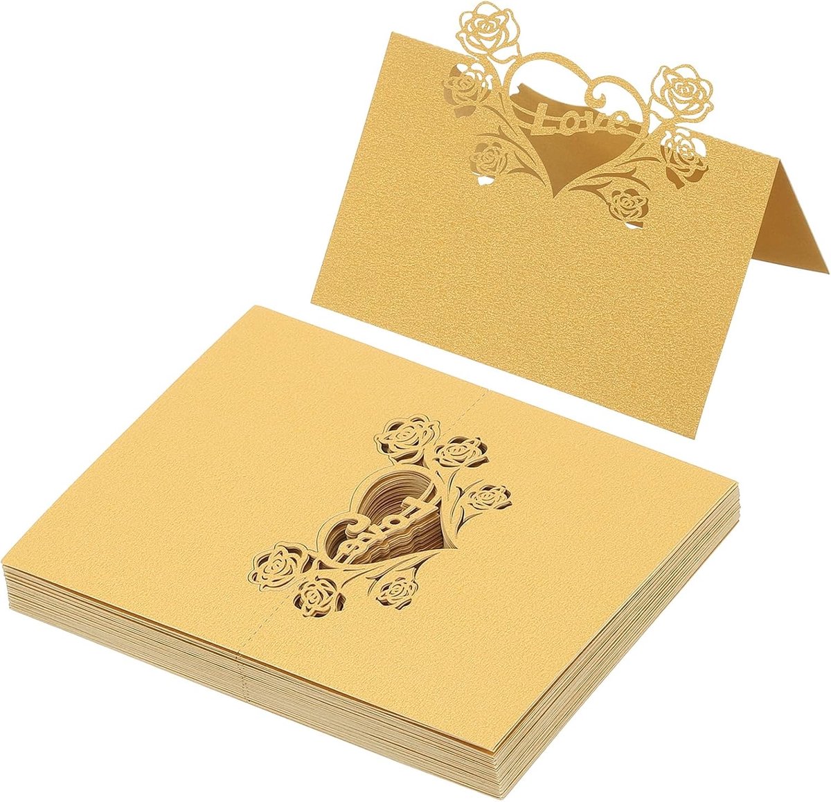 50 stuks bruiloft plaats kaarten, laser gesneden roos liefde hart tafel plaats kaart gevouwen tent kaart naam kaarten voor tafel instelling bruiloft receptie buffet, gouden toon