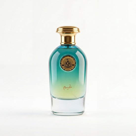 Parf উত্তেজনাfles met gouden dop, gradient van blauw naar groen en geel, met Arabische inscriptie.