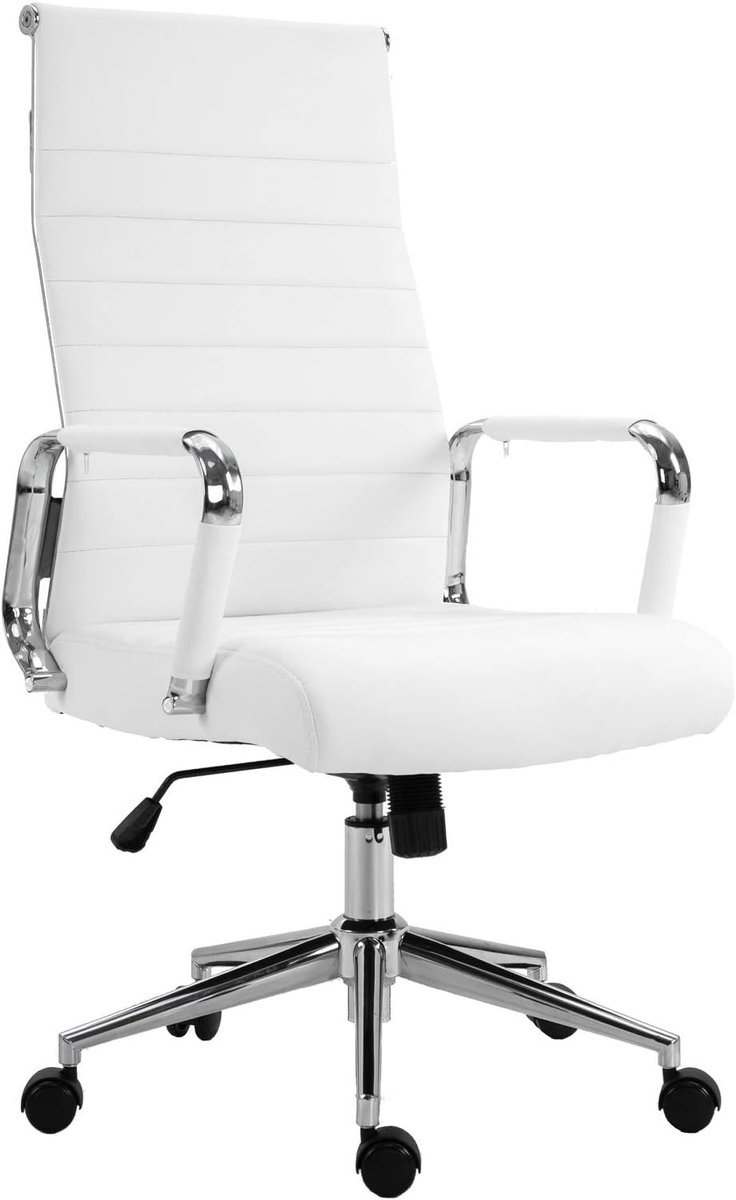 Bureaustoel Ergonomisch Kunstleer Wit - Verstelbare Draaistoel met Hoge Rugleuning, Armleuningen, Kantelfunctie, 360° Draaibaar, Comfortabele Computerstoel voor Kantoor, Thuiskantoor, Vergaderruimte en Gaming