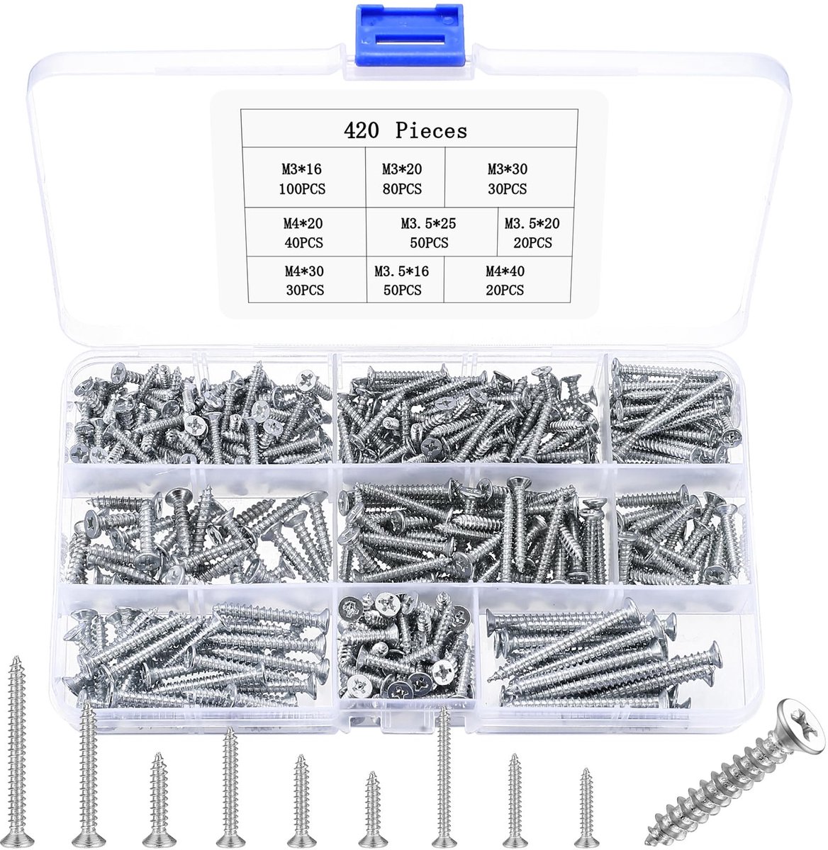 420 stuks plaatschroeven, zelftappende schroeven, M3, M3,5, M4, houtschroeven, assortiment, kruiskopschroeven, platte kop, spaanplaatschroeven, set met verzonken kop