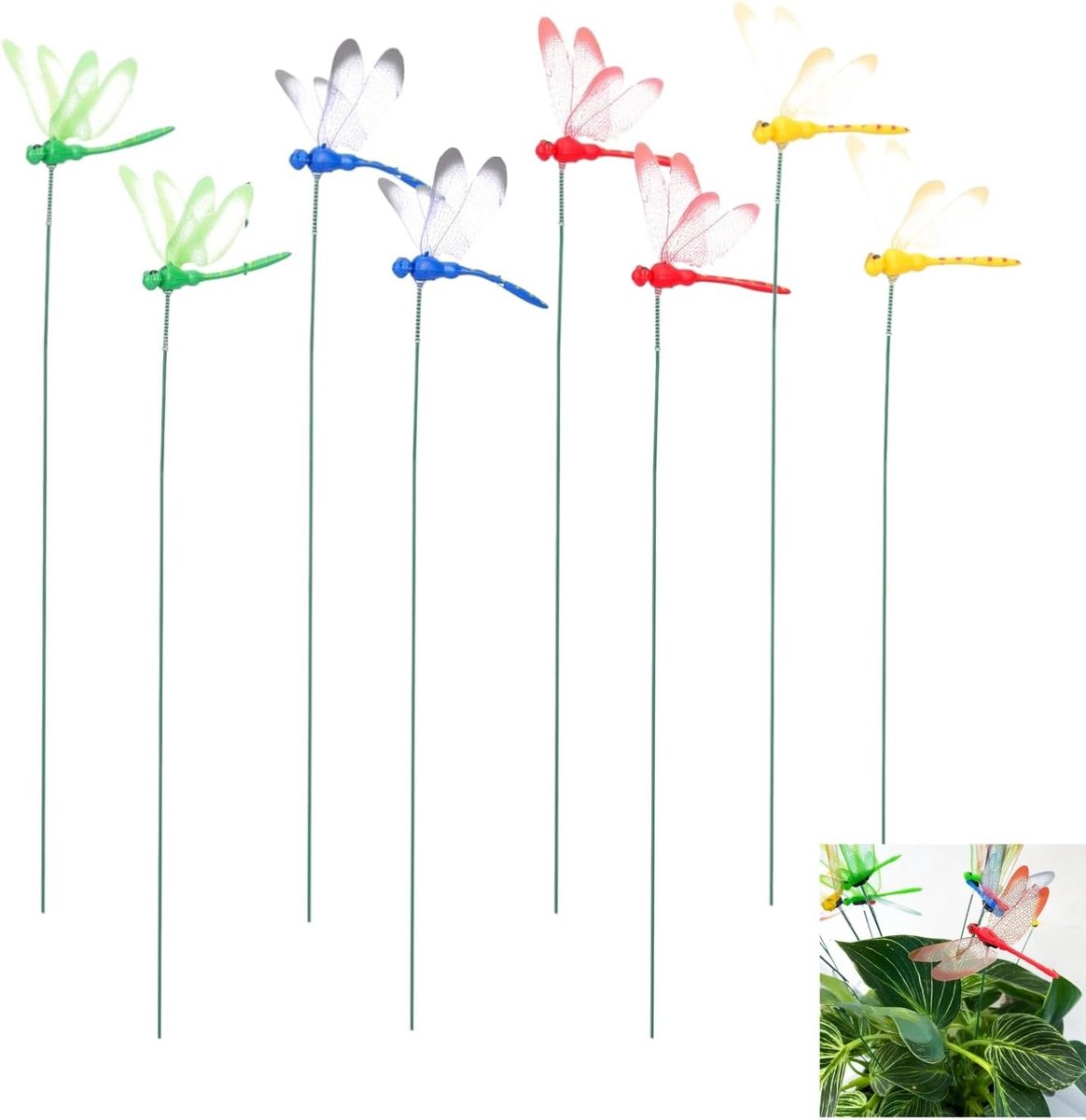 8 stuks 3D-decoratieve libellen tuinstekers, libellen tuinornamenten, libelstekers met stokjes, tuindecoraties voor binnenplaats, terras, gazon, plant, bloempot, bruiloftsdecoratie