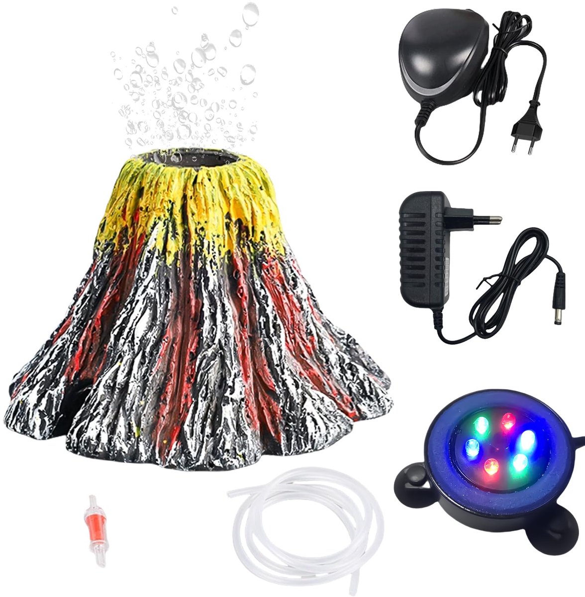 Aquarium Vulkaan Ornament Kit met luchtpomp, LED-licht, kleurveranderende aquarium vulkaan decoratieset voor aquarium, aquarium ornament aquarium decor