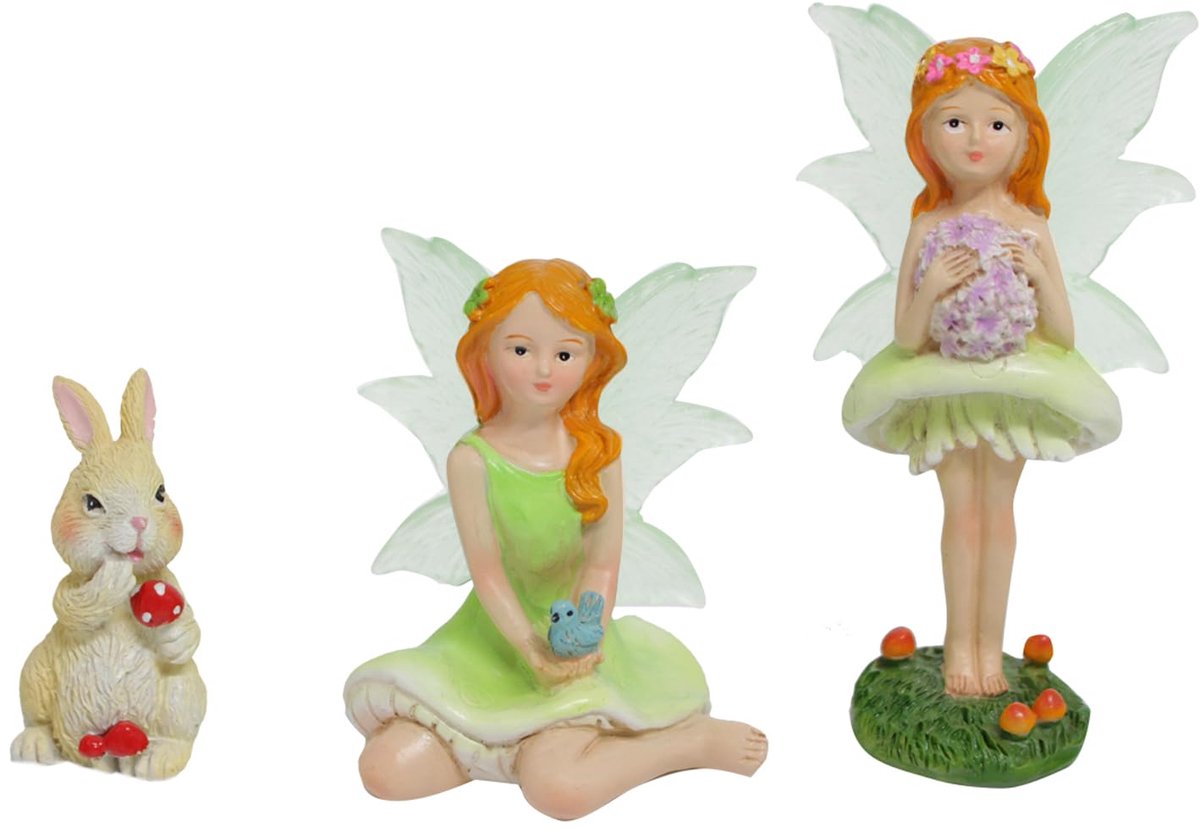 Tuin Miniatuur Feeën met Lichtgevende Vleugels, Mini Tuin Figuur Set Feeën Standbeelden met een Konijn voor Outdoor Tuin Yard Weide Huisdecoratie Schattige Hars Fee Engel