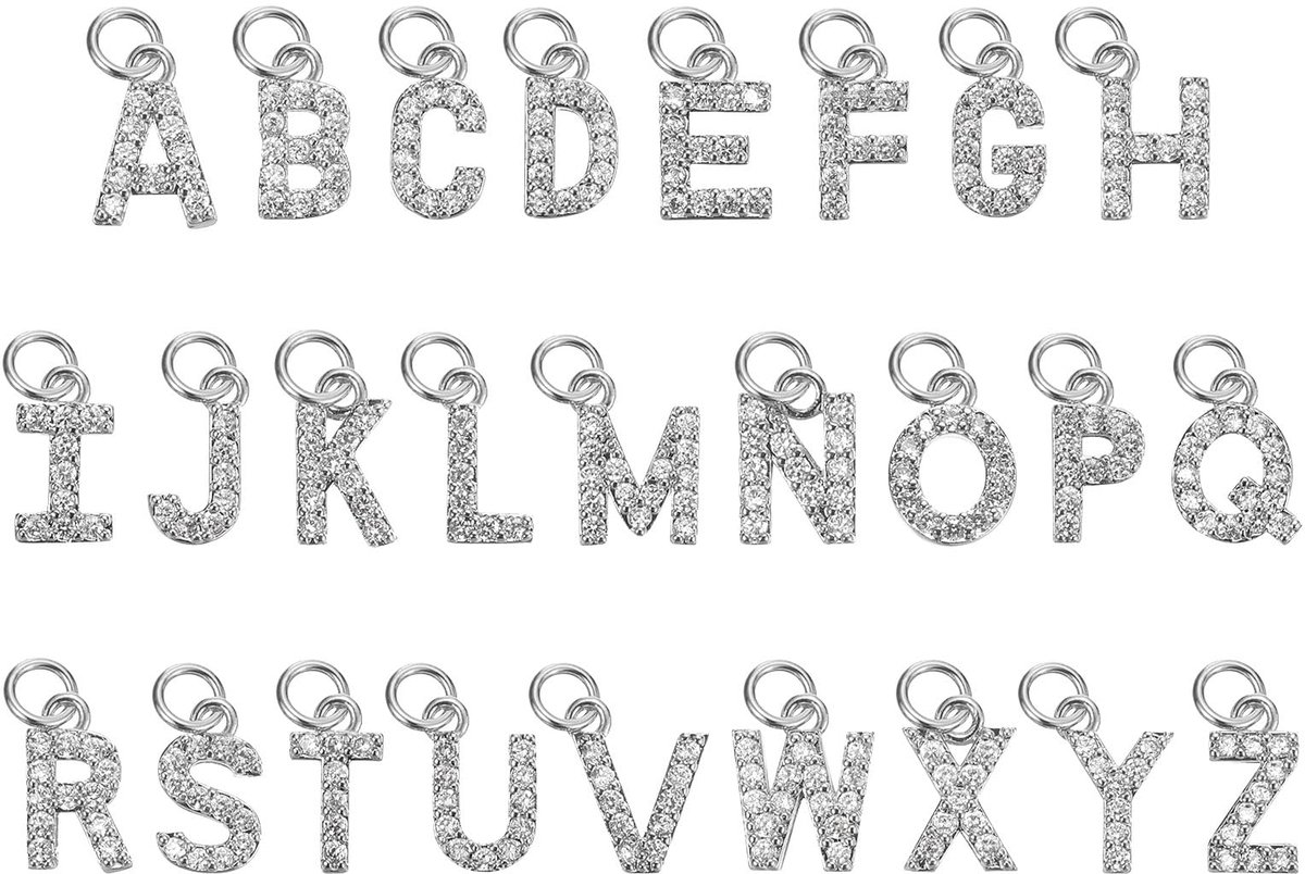 Letterhanger, alfabet hanger met strass, hoofdletters A-Z voor naamarmbanden, halskettingen, hangers, sieraden, 7.5 x 11 mm, Koper, Stras Zirkoon