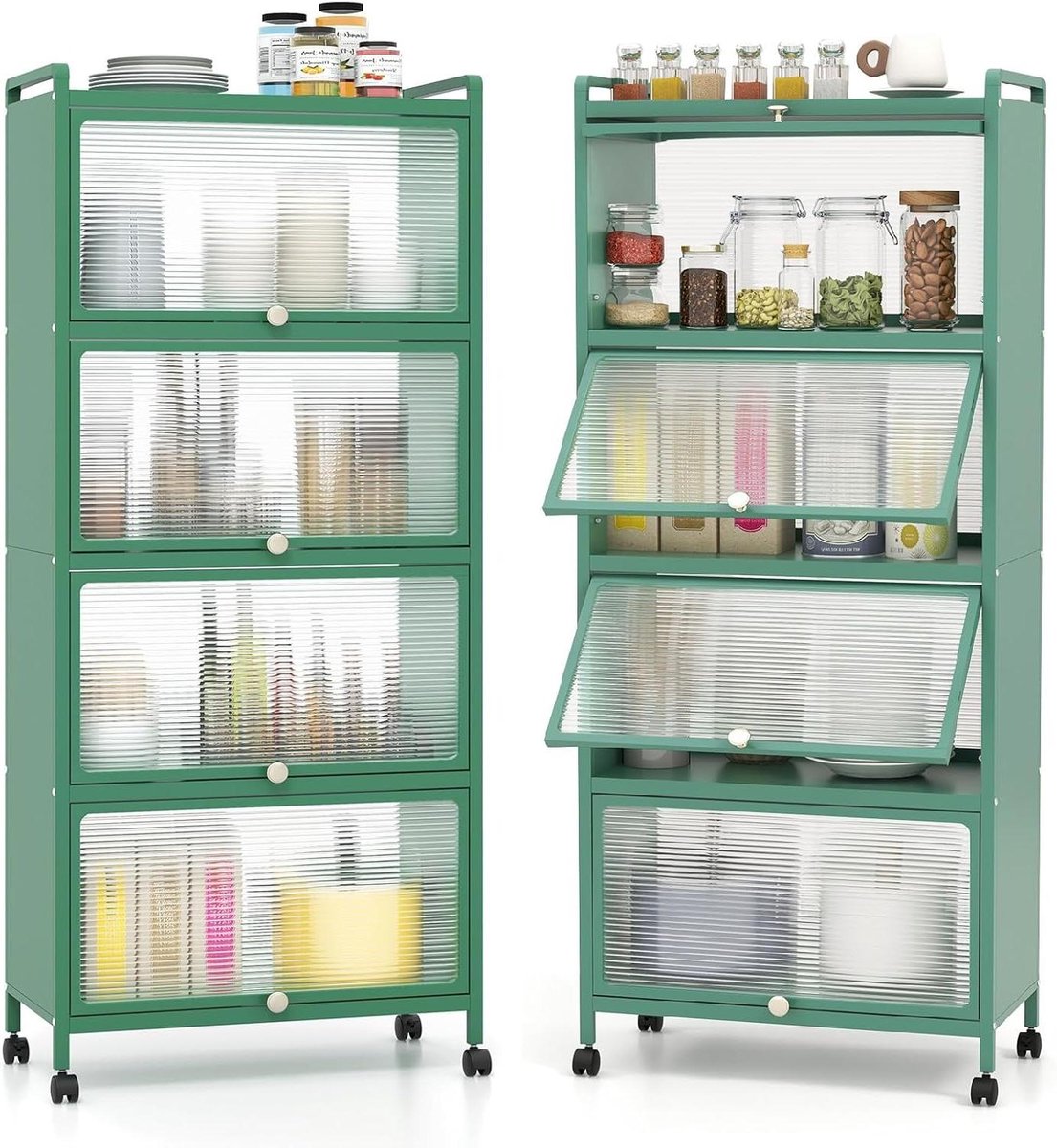 Keukenkast met vakken - Opbergkast metaal - Keuken organiseren - Flexibel verrijdbaar - 60 x 154 cm - Groen