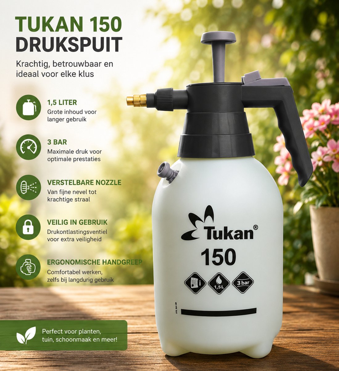 TUKAN Drukspuit 1,5 L - Plantenspuit & Sproeifles voor Huis, Tuin & Terras - 3 bar - Verstelbare messing sproeikop - Handige pompfles voor plantenverzorging
