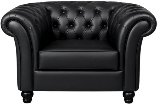 Zwarte leren Chesterfield fauteuil met knopen en zwarte pootjes.