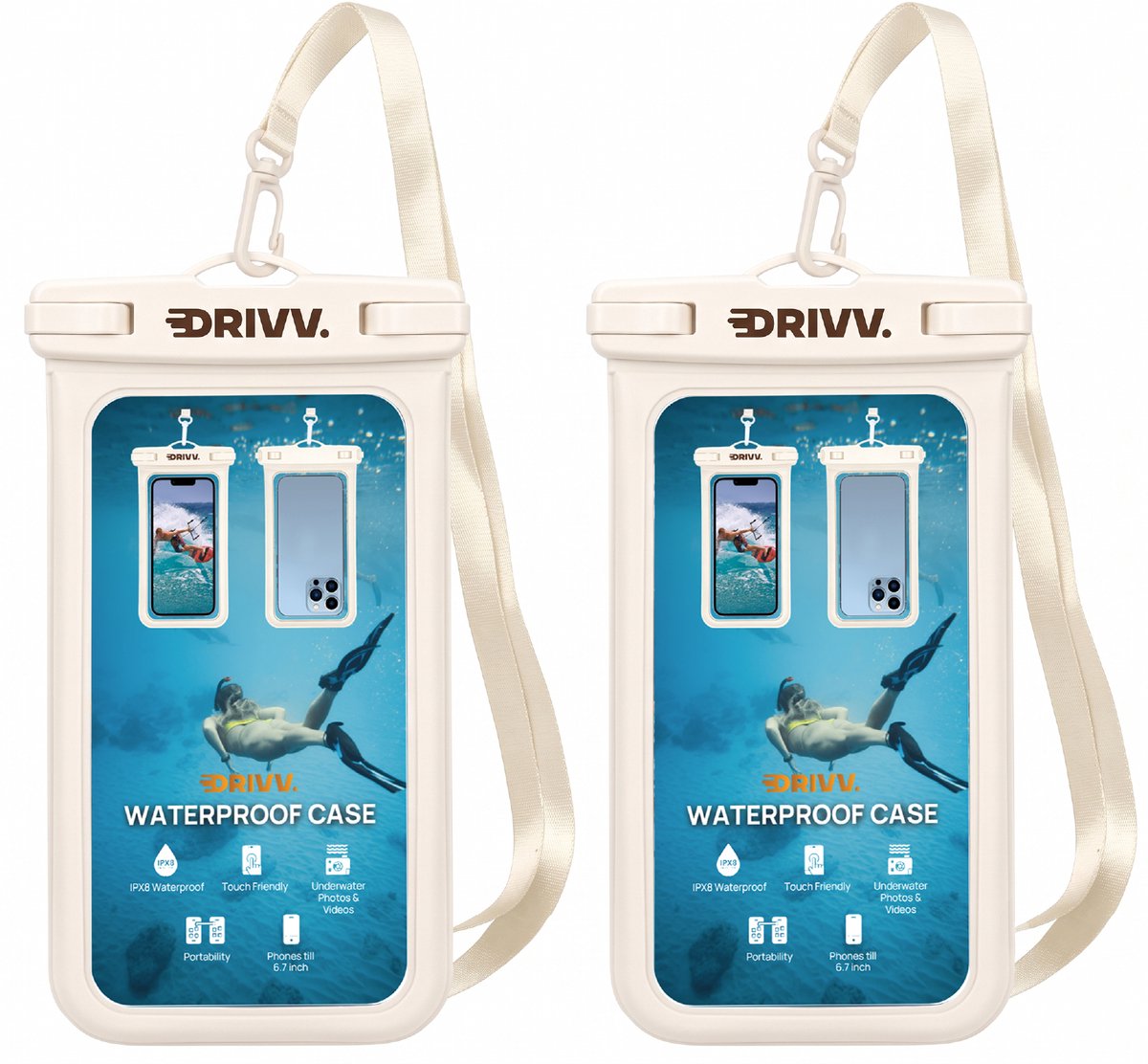 Drivv. Waterdicht Telefoonhoesje – Set van 2 - Dubbele Klipsluiting - Tot 6.7 inch – Onderwater Hoesje Telefoon - Beige