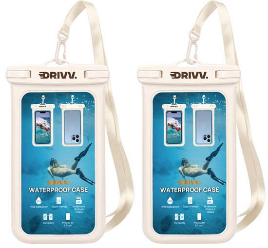 Twee beige Drivv. waterdichte telefoonhoesjes met witte band, toon voorbeelden van gebruik onder water.